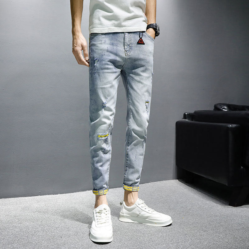 Men's Slim-fit Small-foot Casual Pierced Trendy Nine-point Pants