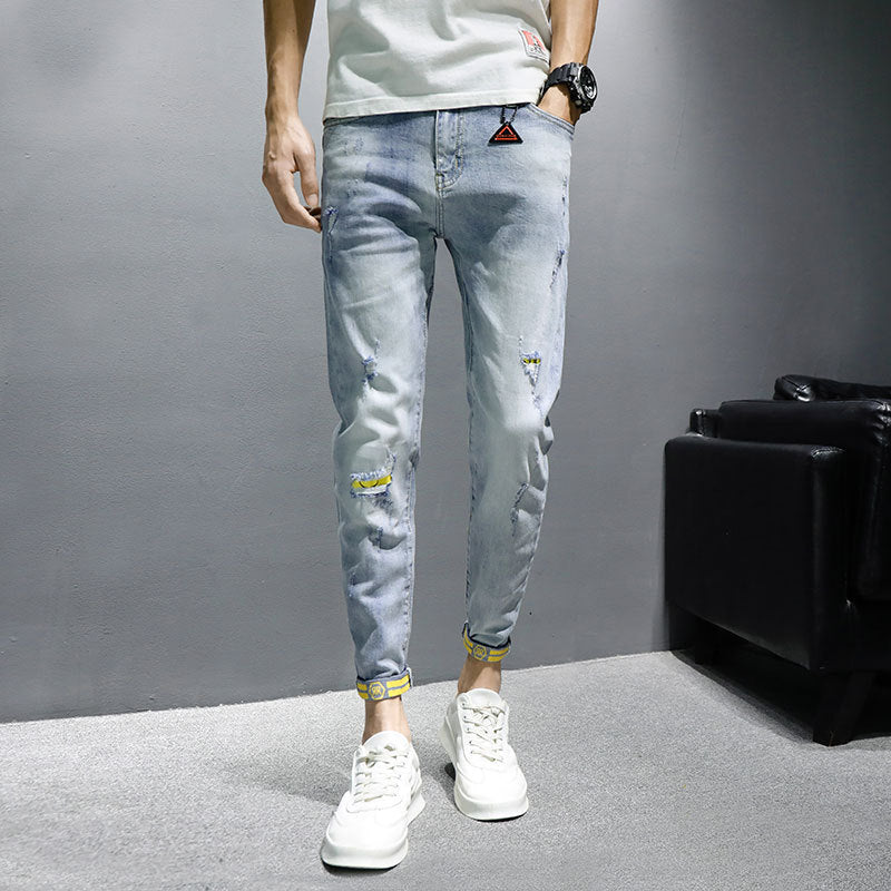 Men's Slim-fit Small-foot Casual Pierced Trendy Nine-point Pants