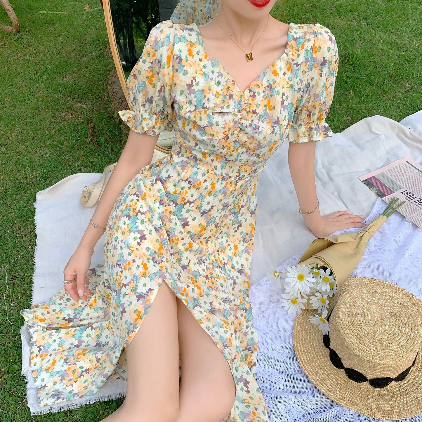 Summer Flattering Dress Super Fairy Mori Style Puff Sleeve Irregular Hepburn Style Floral Dress For Women