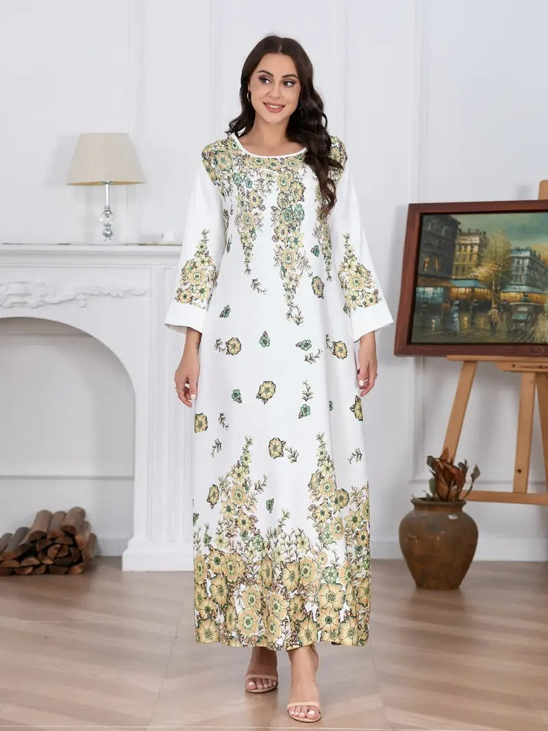 Elegant Flower Diamond Robe Dress - Women's Long Sleeve Round Neck Long Dress