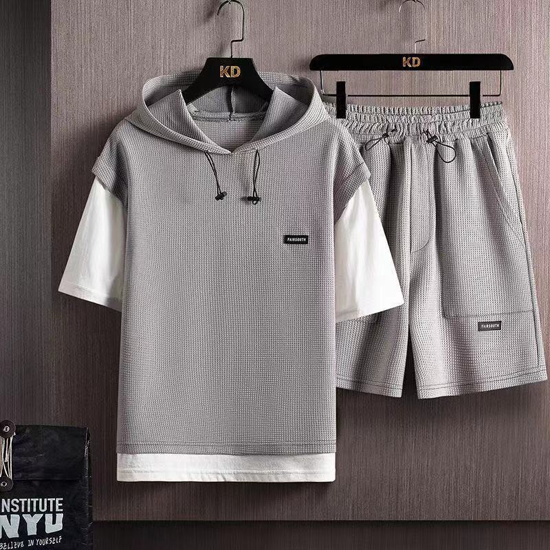 Two-piece Waffle Short Sleeve Sports Set Men