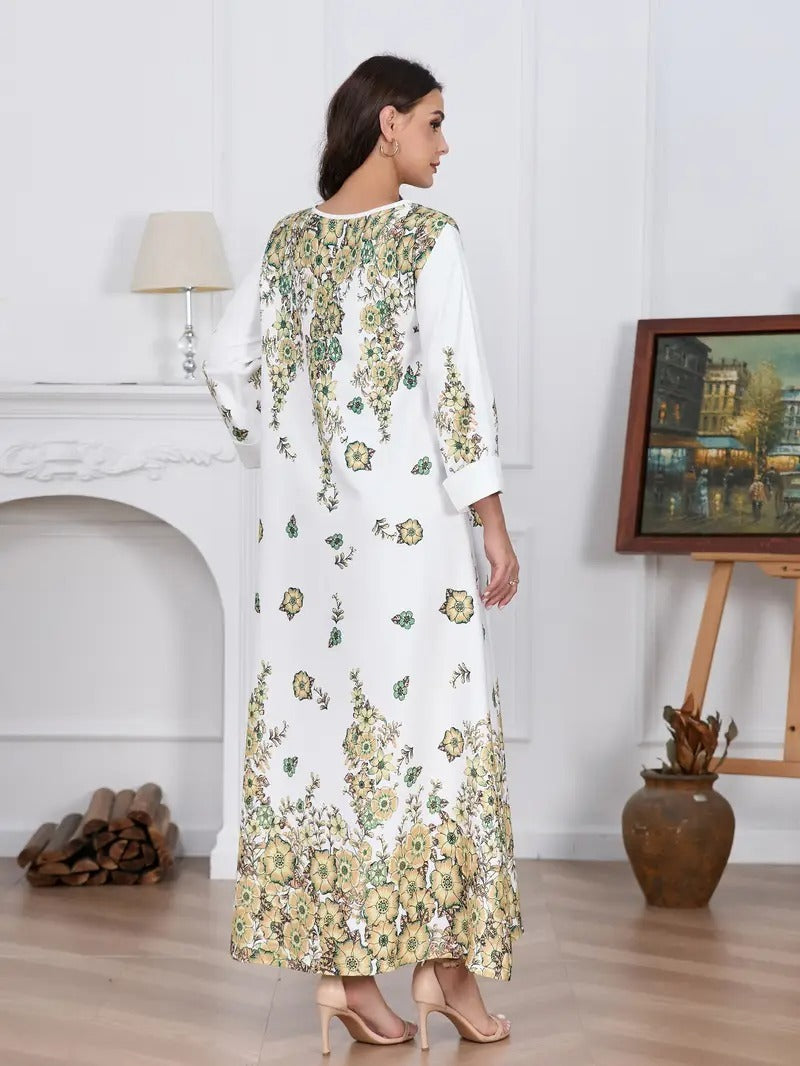 Elegant Flower Diamond Robe Dress - Women's Long Sleeve Round Neck Long Dress