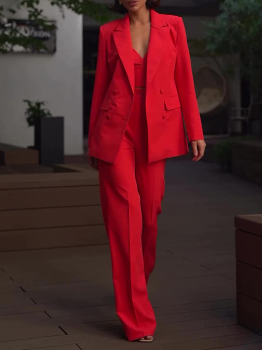 Classic Solid Color Suit & Camisole & High-waisted Pants Three-piece Set