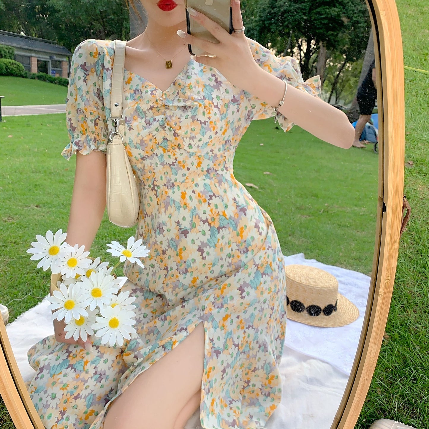 Summer Flattering Dress Super Fairy Mori Style Puff Sleeve Irregular Hepburn Style Floral Dress For Women