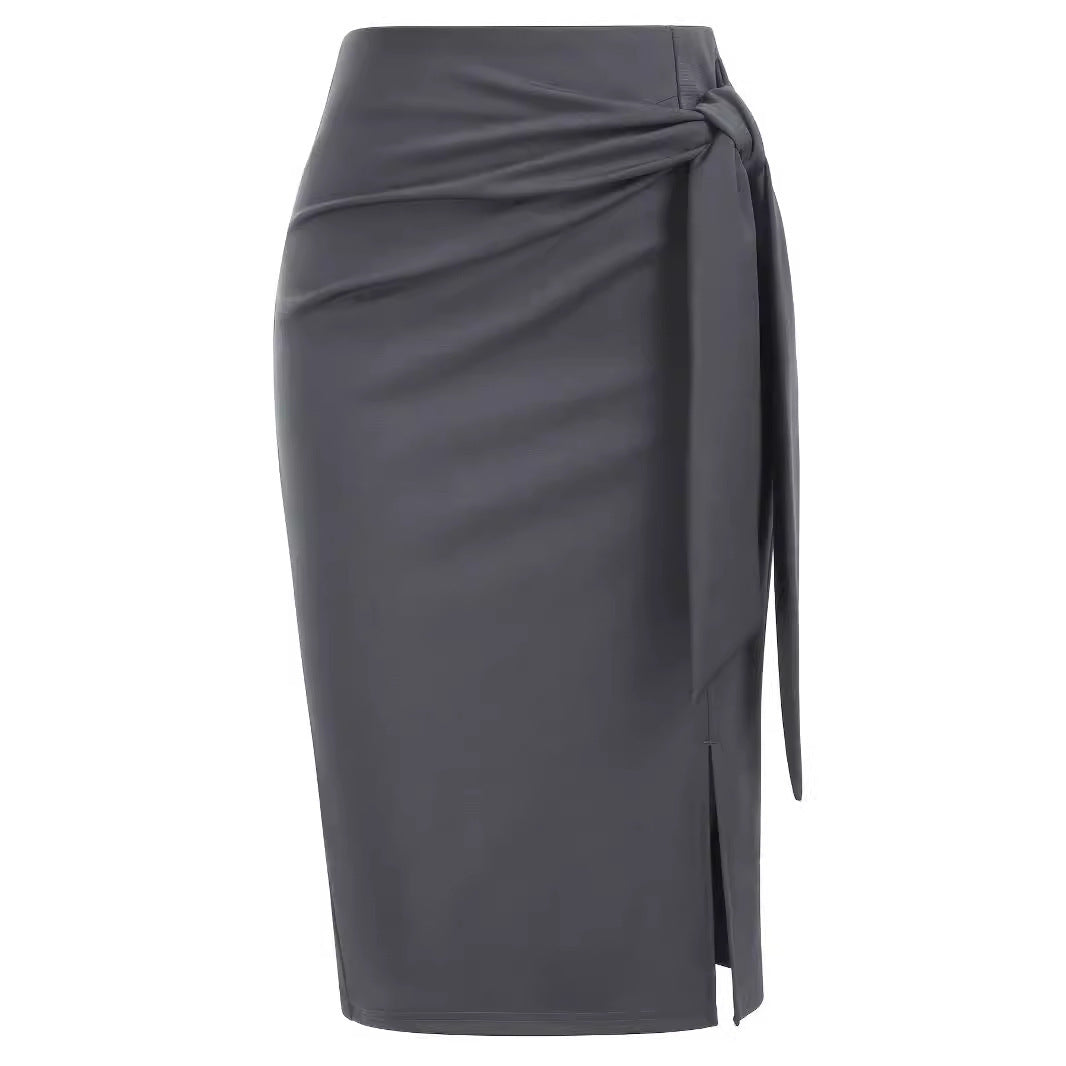 Solid Color High Waist Bow Knee-length Slit Skirt