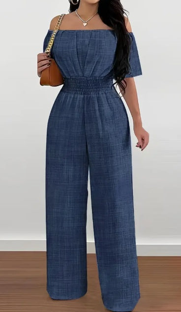 Elegant Off-Shoulder Short Sleeve Waist Cinch Jumpsuit - Solid Color, Machine Washable For Spring Summer Fall