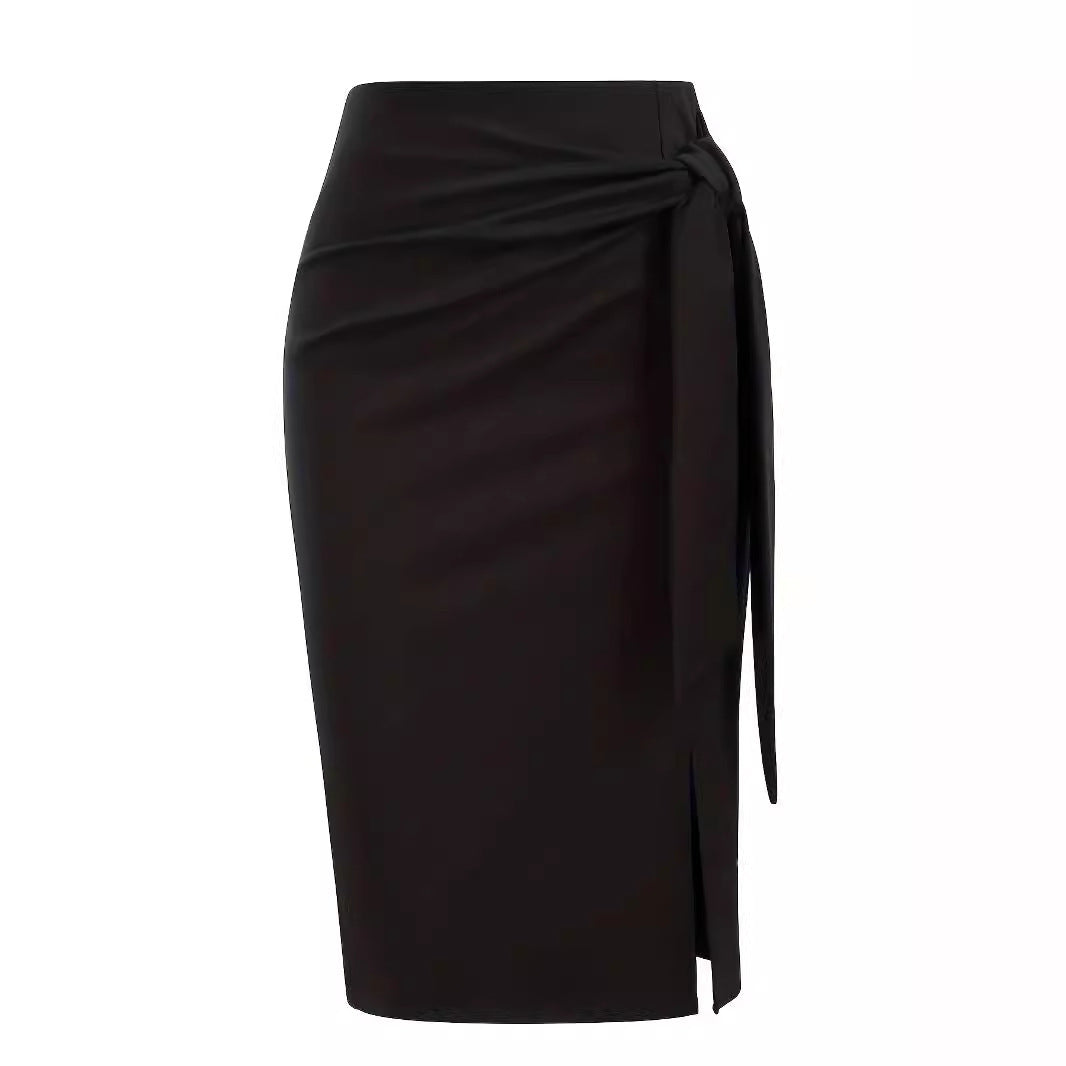 Solid Color High Waist Bow Knee-length Slit Skirt