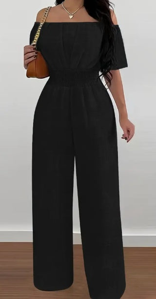 Elegant Off-Shoulder Short Sleeve Waist Cinch Jumpsuit - Solid Color, Machine Washable For Spring Summer Fall